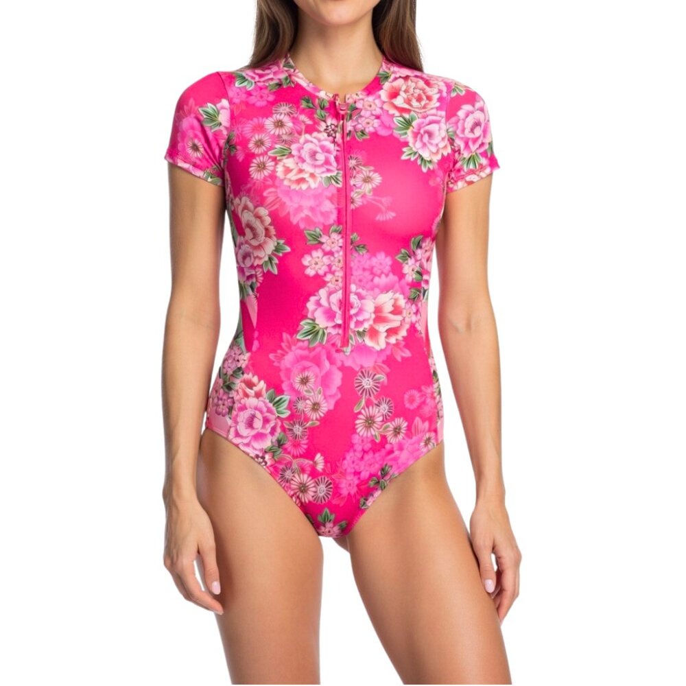 JOHNNY WAS Pink Floral One-Piece Swimsuit Small Front Zip Swimwear
